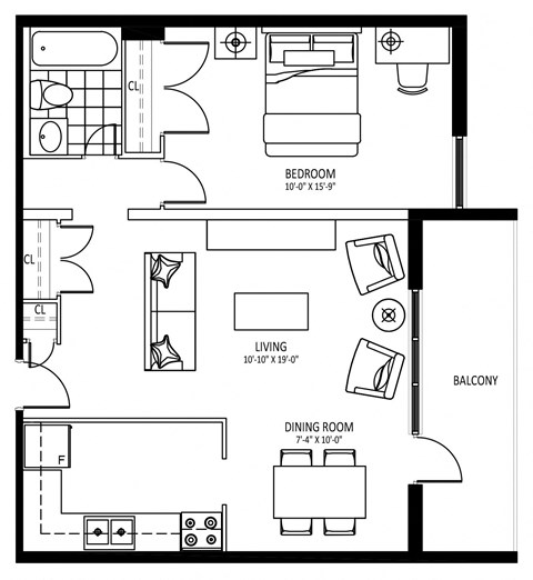 Floor plan for 1 bed, 1 bath, 666 sqft